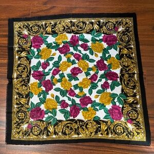 Vintage floral baroque square scarf, made in Japan, black yellow raspberry